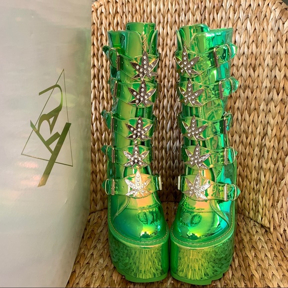 New YRU Dune Weed Green Holo Platform  Boots - Picture 6 of 8